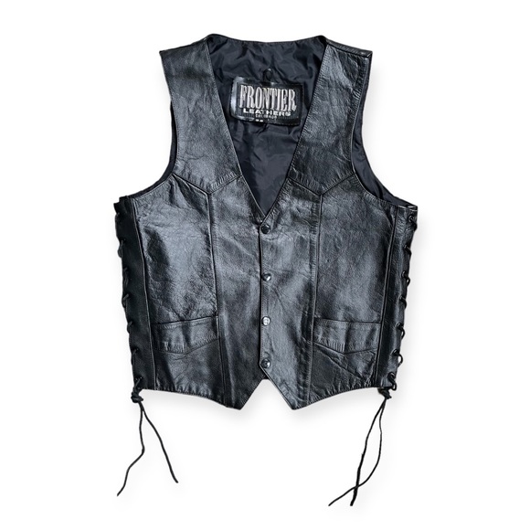 Frontier Leather Colorado Black Leather Motorcycle Vest w/Lace-Up Sides, sz 38 - Picture 1 of 9